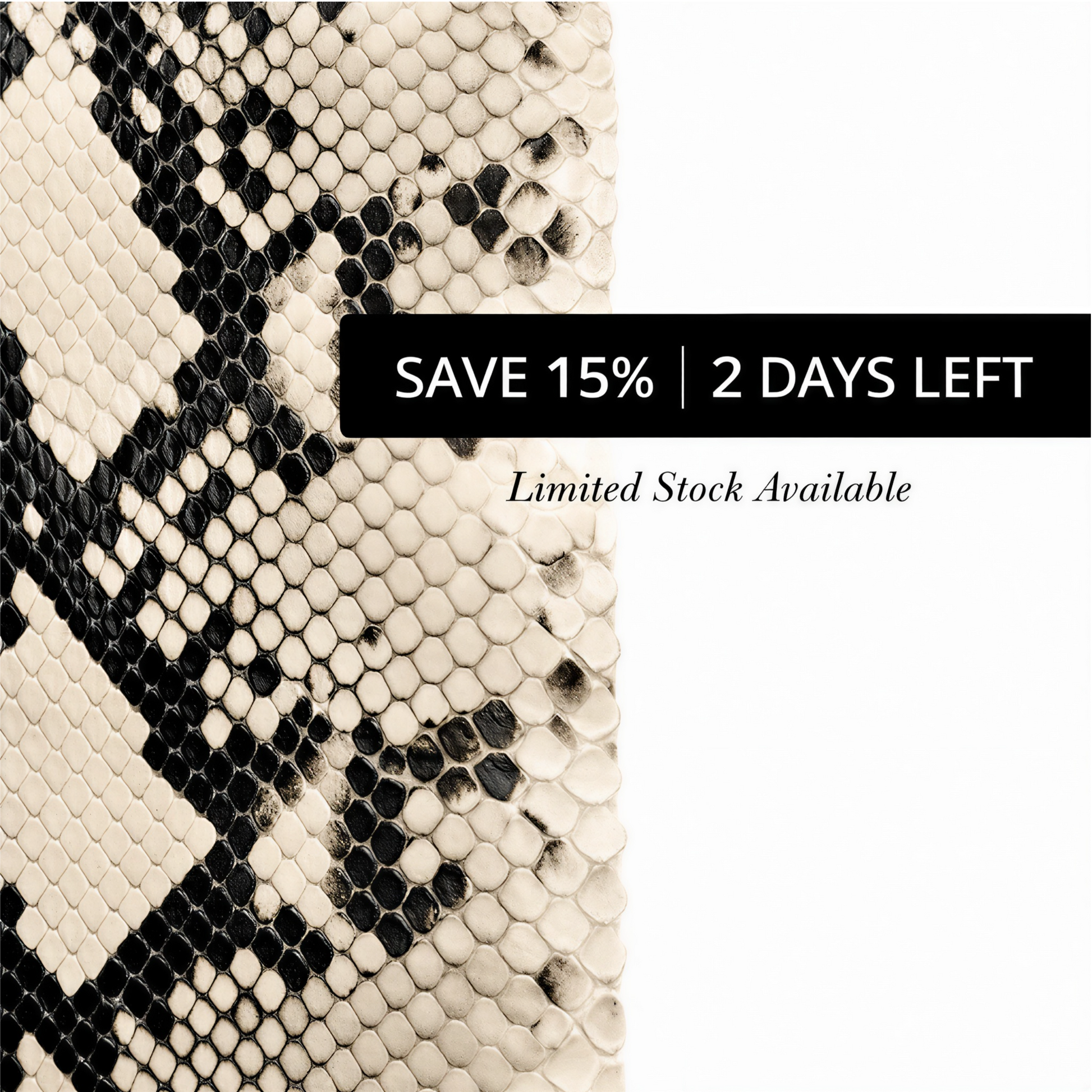Snakeskin pattern with promotional text overlay on a white background