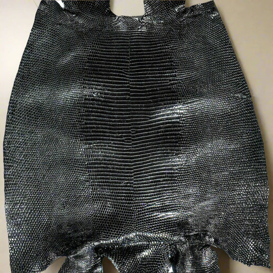Genuine Lizard Skin, Real Leather, Black Lizard Skin, Lizard Finished Skin, Exotic Lizard Skin, Glazed, Back Cut, Grade 1, Leathercrafting